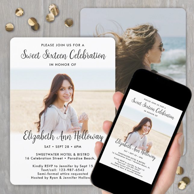 Sweet 16 Chic Modern Script 2 Photo Birthday Party Invitation (Creator Uploaded)