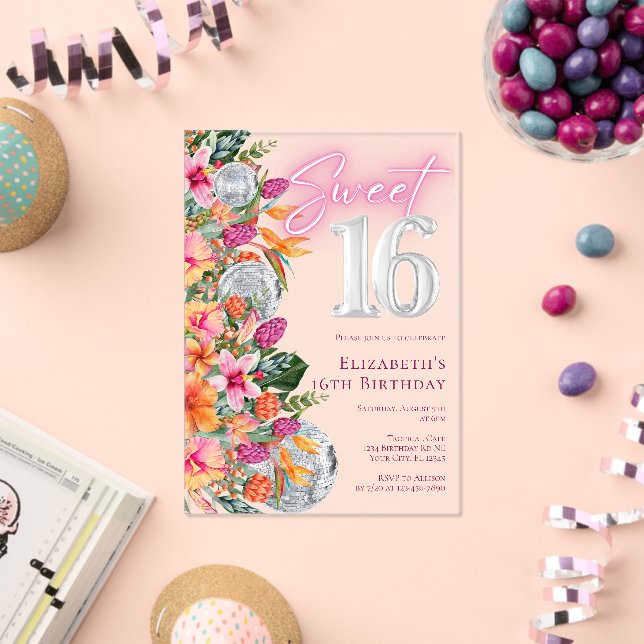 Sweet 16 Colorful Tropical Flowers Disco Birthday Acrylic Invitations (Insitu (Celebration))