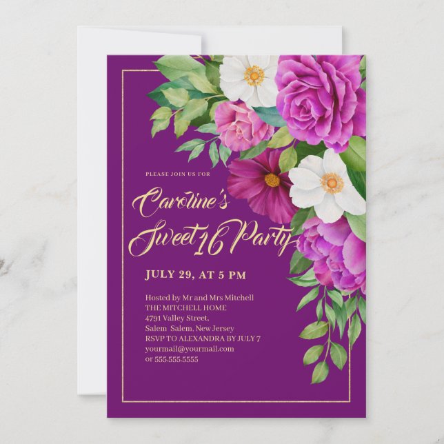 Sweet 16 Colourful Floral Watercolor Purple Invitation (Front)