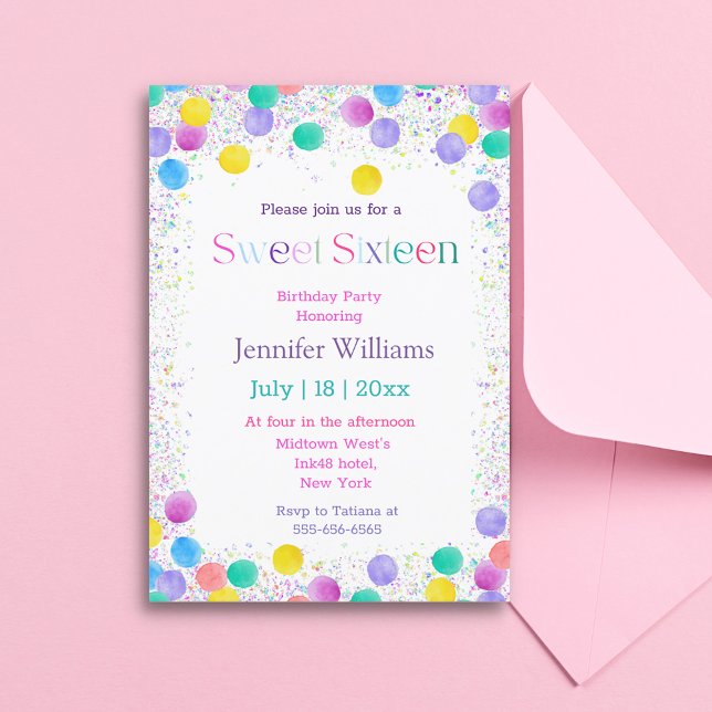 sweet 16 colourful rainbow dots sparkles fun scrip invitation (Creator Uploaded)