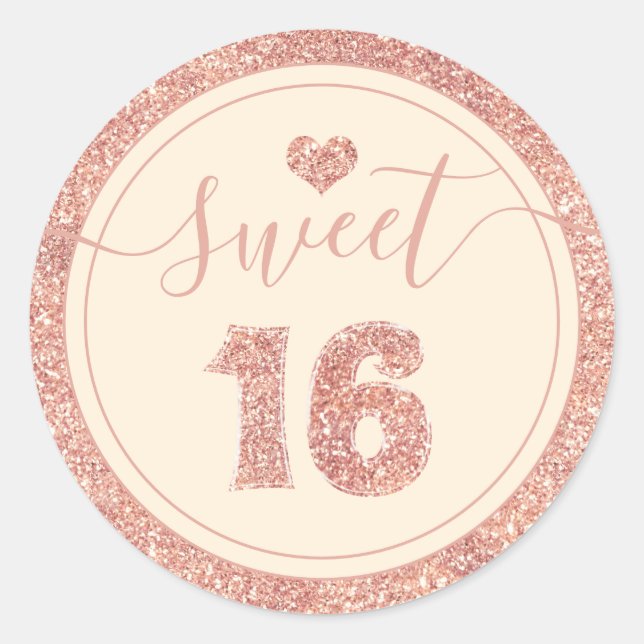 Sweet 16 Coral Pink Faux Glitter Heart Birthday Classic Round Sticker (Front)