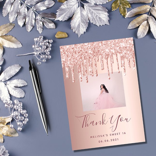 Sweet 16 custom photo rose gold pink glitter glam thank you card (Creator Uploaded)