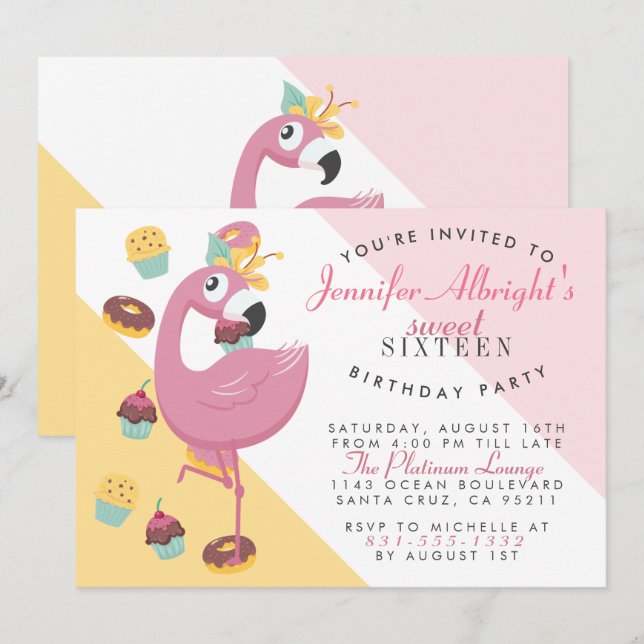 Sweet 16 Cute Pink Cartoon Flamingo Birthday Party Invitation (Front/Back)