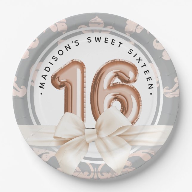 Sweet 16 Damask Rose gold Balloons Birthday Paper Plate (Front)