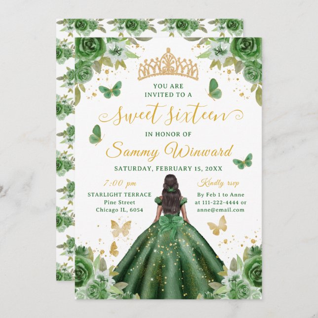 Sweet 16 Dark Green Princess African American Girl Invitation (Front/Back)
