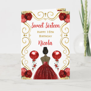 Sweet 16 Dark Skin Princess Red Happy Birthday Card