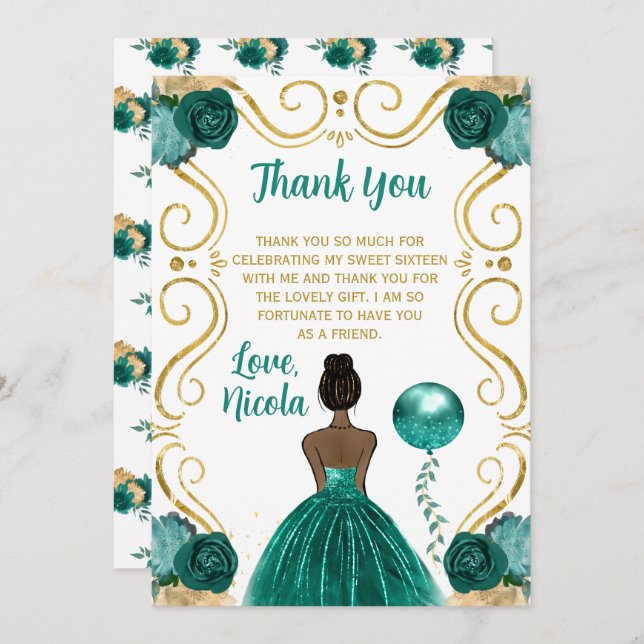 Sweet 16 Dark Skin Princess Teal  Thank You Card (Front/Back)