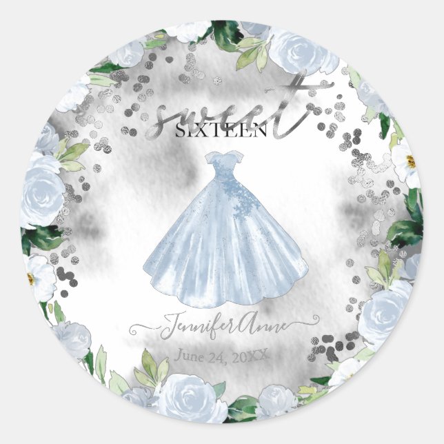 Sweet 16 Dusty Blue Floral Dress Classic Round Sticker (Front)