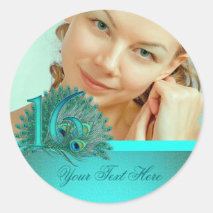 Sweet 16 elegant peacock feather template classic round sticker