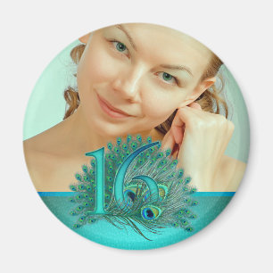 Sweet 16 elegant peacock feather template magnet