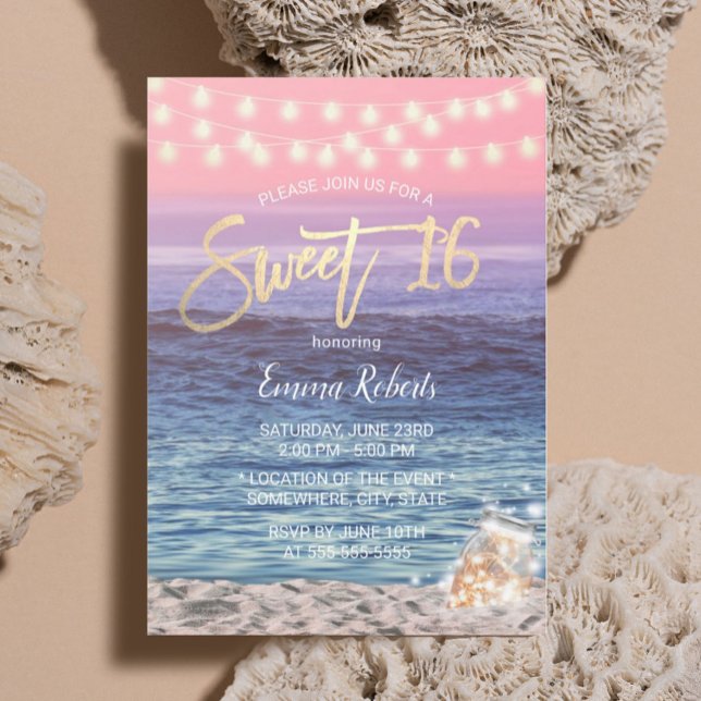Sweet 16 Elegant Pink Beach Mason Jar String Light Invitation (Creator Uploaded)