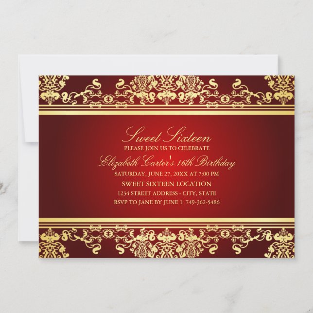 Sweet 16 | Elegant Red & Gold Damask Invitation (Front)