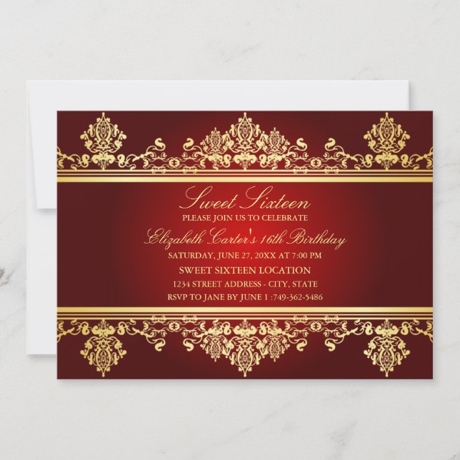 Sweet 16 | Elegant Red & Gold Damask Invitation (Front)