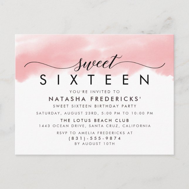 Sweet 16 Elegant Script Modern Watercolor Birthday Invitation Postcard (Front)