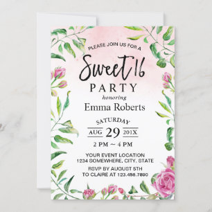 Sweet 16 Elegant Watercolor Floral Girl Birthday Invitation