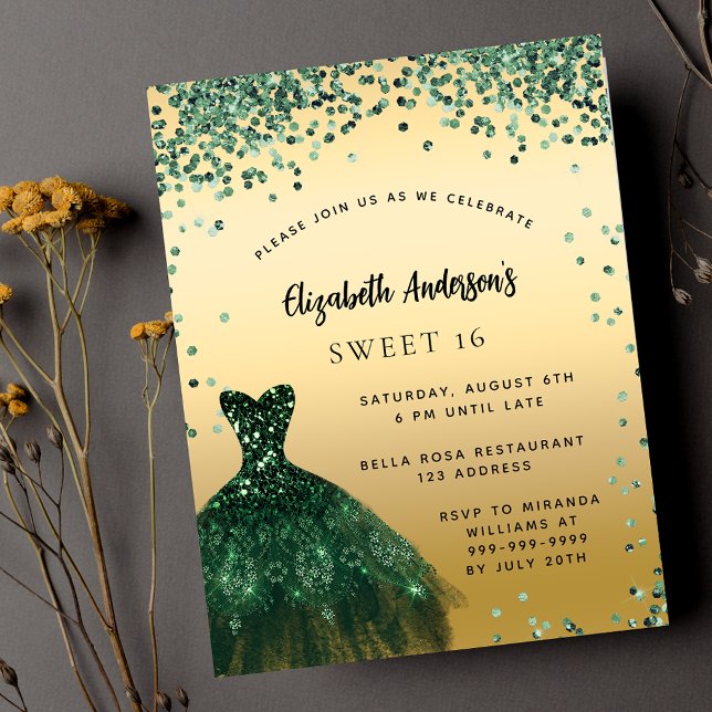 Sweet 16 emerald green dress budget invitation flyer (Creator Uploaded)
