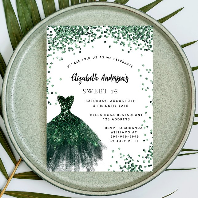 Sweet 16 emerald green dress glitter glamourous invitation (Creator Uploaded)