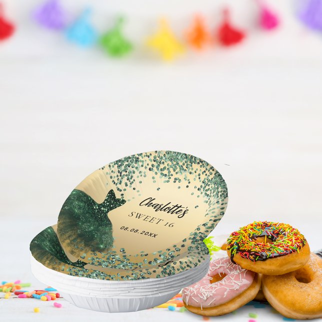 Sweet 16 emerald green dress gold paper plate (Creator Uploaded)