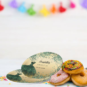 Sweet 16 emerald green dress gold paper plate