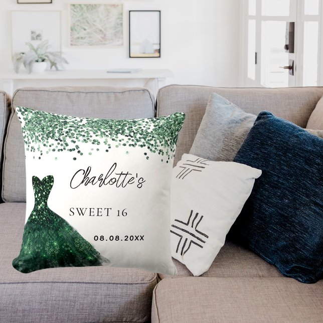 Sweet 16 emerald green dress white name cushion (Creator Uploaded)