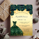 Sweet 16 emerald green gold dress floral invitation<br><div class="desc">A modern,  stylish and glamourous invitation for a Sweet 16,  16th birthday party.  A faux gold background with green faux glitter dust,  an emerald green dress and green roses,  florals.  The name is written with a modern hand lettered style script.  Personalise and add your party details.</div>