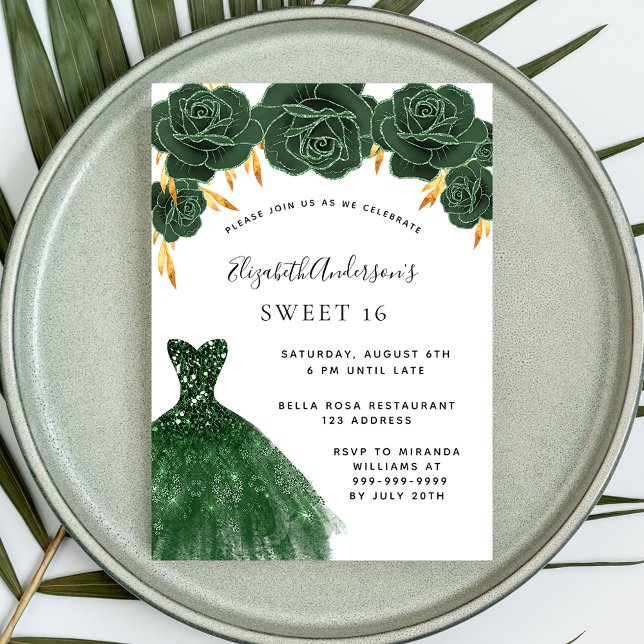 Sweet 16 emerald green gold dress floral invitation postcard (Creator Uploaded)