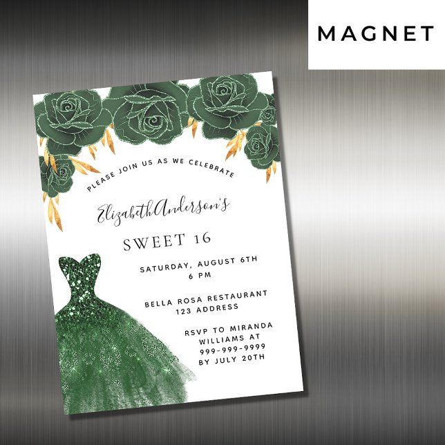 Sweet 16 emerald green gold dress floral luxury magnetic invitation (Creator Uploaded)