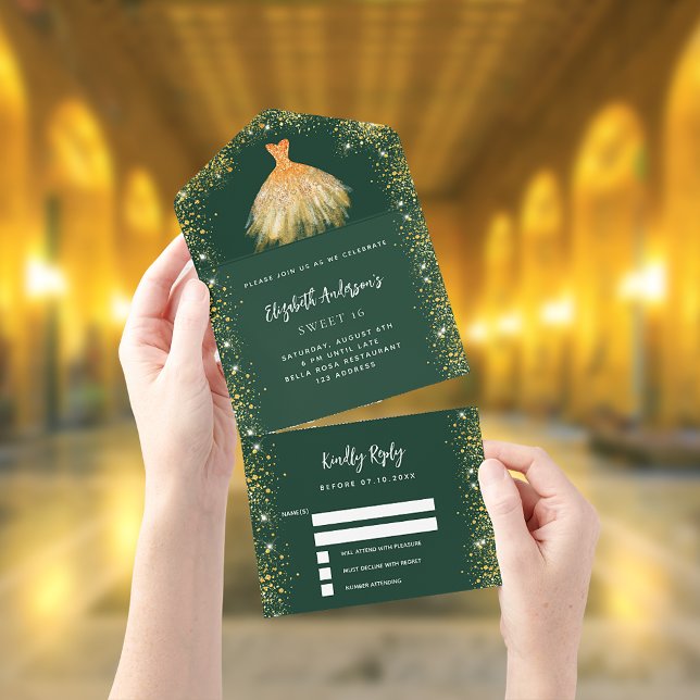 Sweet 16 emerald green gold dress glitter RSVP All In One Invitation (Creator Uploaded)