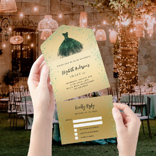 Sweet 16 emerald green gold dress glitter RSVP All In One Invitation