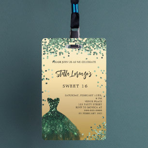 Sweet 16 emerald green gold dress invitation ID badge