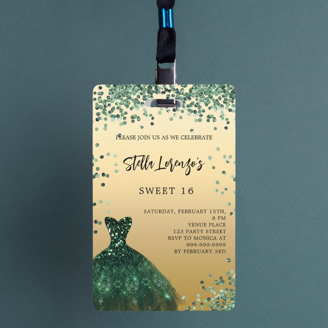 Sweet 16 emerald green gold dress invitation ID badge (Creator Uploaded)