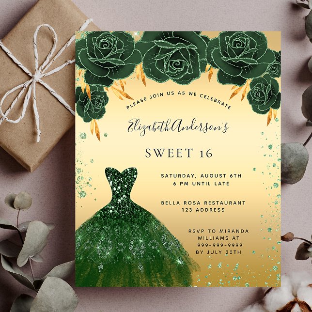Sweet 16 emerald green gold dress invitation postcard (Creator Uploaded)