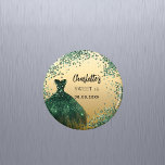 Sweet 16 emerald green gold dress magnet<br><div class="desc">For an elegant Sweet 16,  16th birthday.  A faux gold looking background. Decorated with an emerald green dress and green confetti. Personalise and add a name and a date.</div>