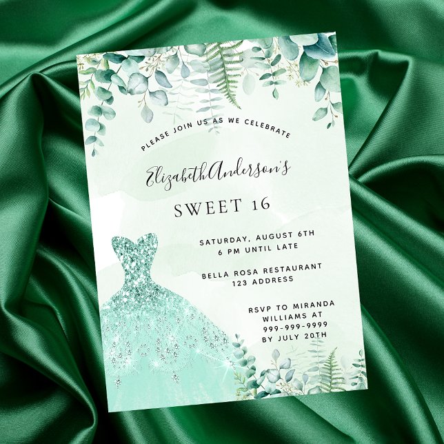 Sweet 16 enchanted forest greenery dress luxury invitation (Creator Uploaded)