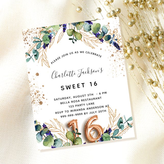 Sweet 16 eucalyptus greenery budget invitation flyer (Creator Uploaded)