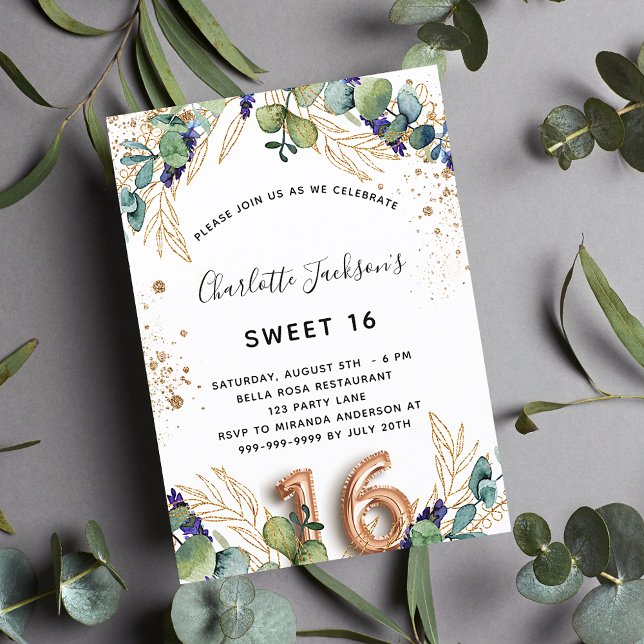 Sweet 16 eucalyptus greenery glitter elegant invitation (Creator Uploaded)