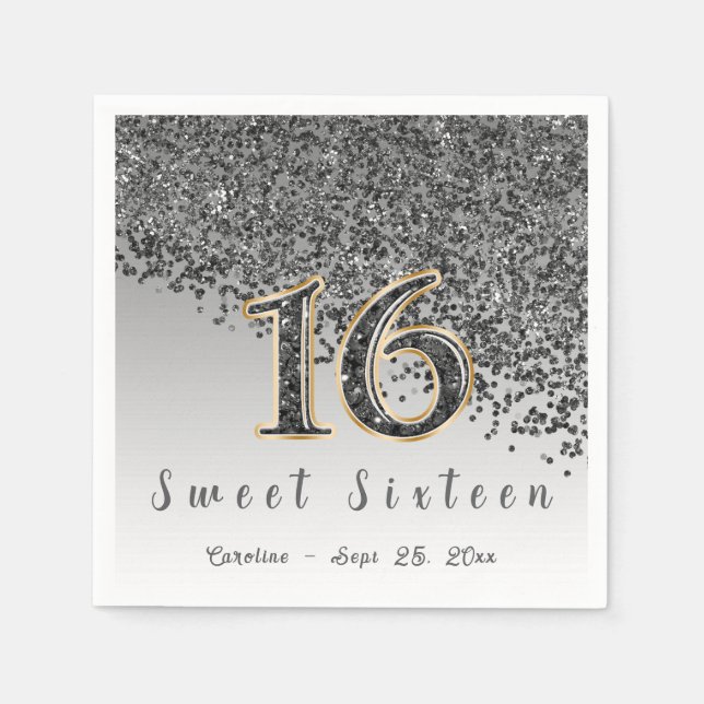 Sweet 16 Falling Black Glitter & Monogram Napkin (Front)