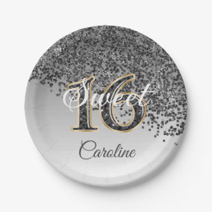 Sweet 16 Falling Black Glitter & Monogram Paper Plate
