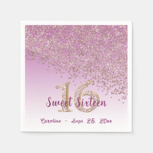 Sweet 16 Falling Rose Gold Glitter & Monogram Napkin