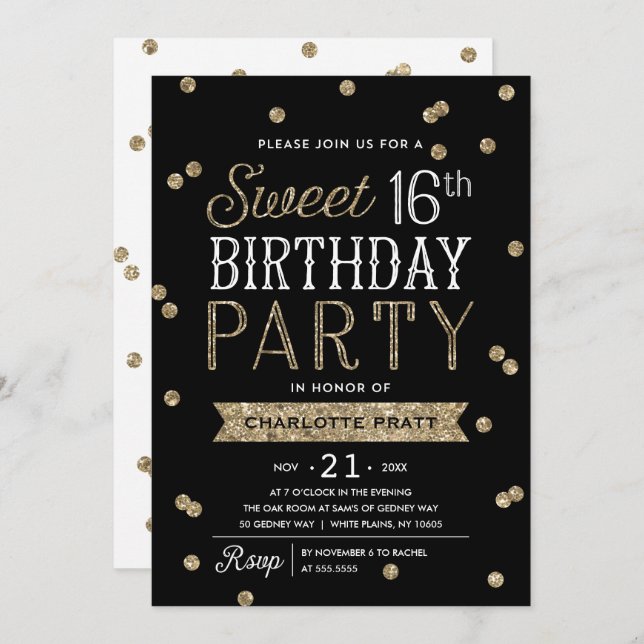 Sweet 16 Faux Gold Glitter Confetti Party Invitation (Front/Back)
