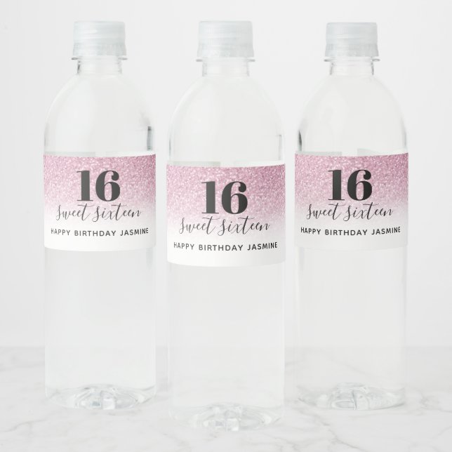 Sweet 16 Faux Hot Pink Glitter Birthday   Water Bottle Label (Bottles)
