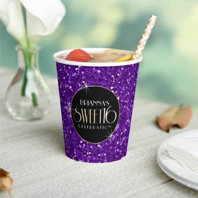 Sweet 16 Faux Purple Glitter Paper Cups (Insitu)