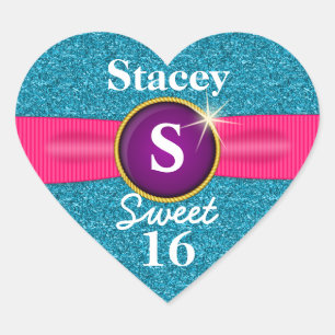 Sweet 16 Faux Ribbon Jewel Turquoise Glitter Heart Sticker
