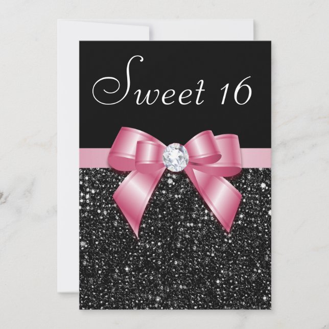 Sweet 16 Faux Sequins Diamonds Bow Black Pink Invitation (Front)