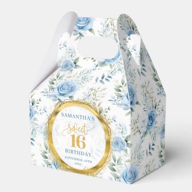 Sweet 16 Favour Box Dusty Blue Floral Gold Sparkle (Sweet 16 Favor Box Dusty Blue Floral Gold Sparkles)