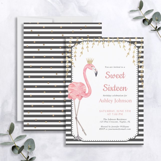 Sweet 16 Flamingo Black & White Pink Gold Birthday Invitation (Creator Uploaded)