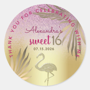 Sweet 16 Flamingo Gold Pink Thank You Classic Round Sticker
