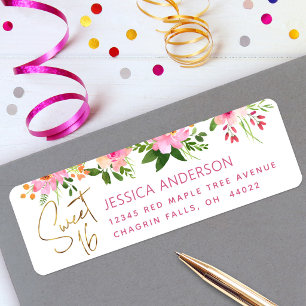 Sweet 16 Floral Blush Pink and Gold Return Address