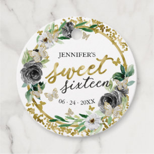 Sweet 16 Floral Butterfly Black Gold Favour Tags