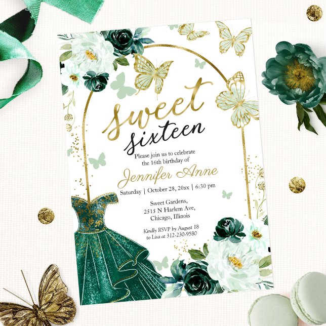 Sweet 16 Floral Dress Butterfly Emerald Green Invitation (Creator Uploaded)